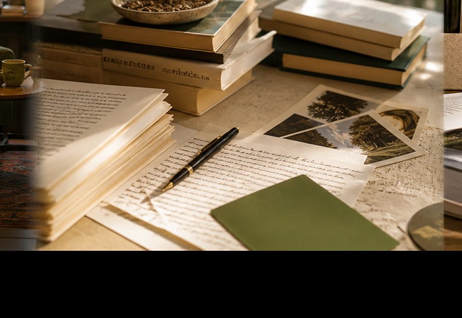 Stacked books, manuscript pages, and literary desk details.