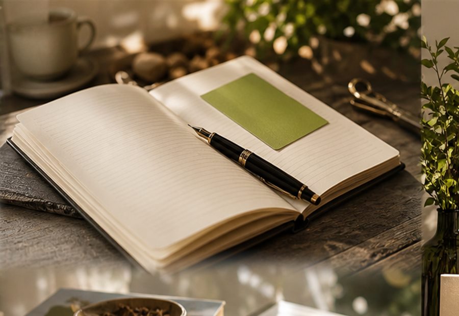 Open notebook and pen on a warm editorial writing desk.