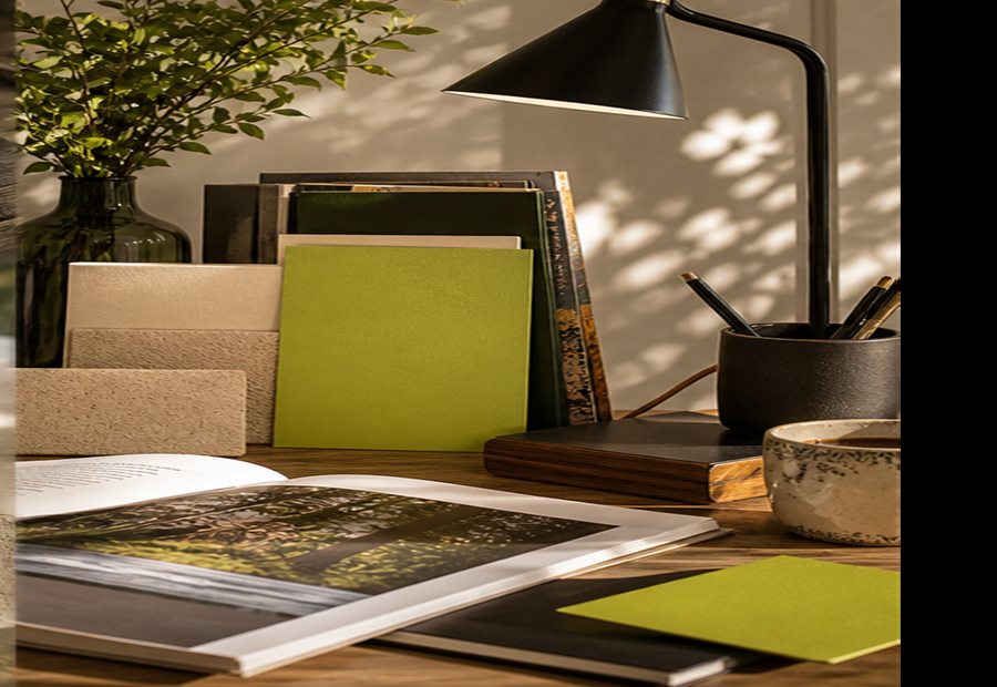Reading lamp, books, and green editorial cards on a clean desk.