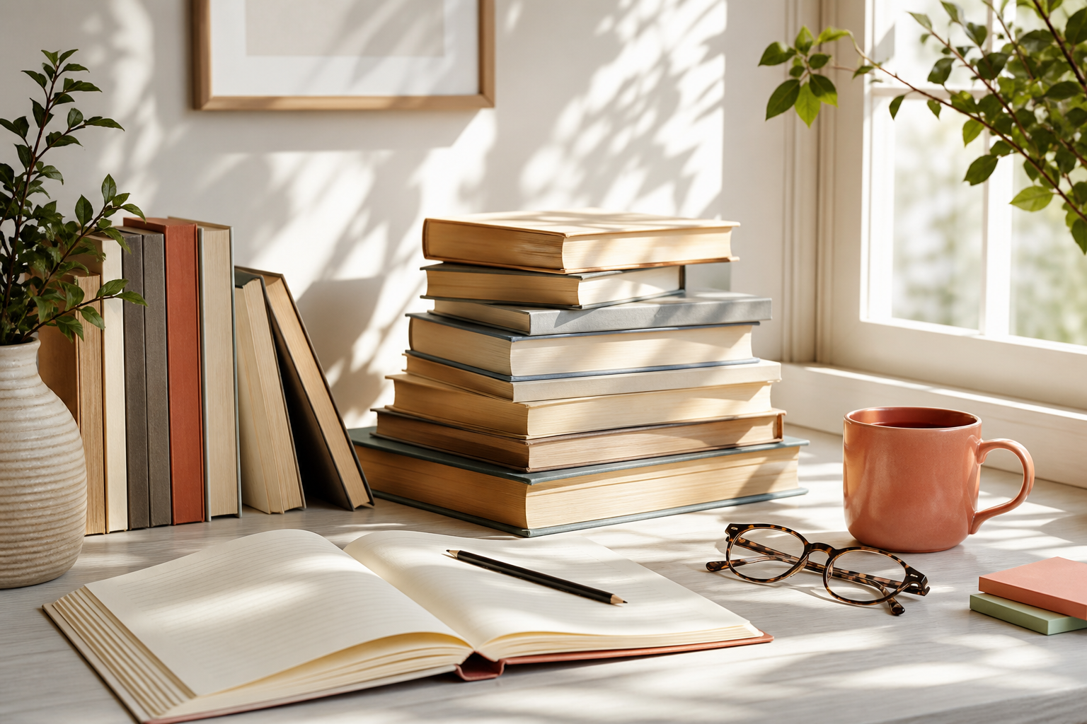 A bright reading desk with books and notes