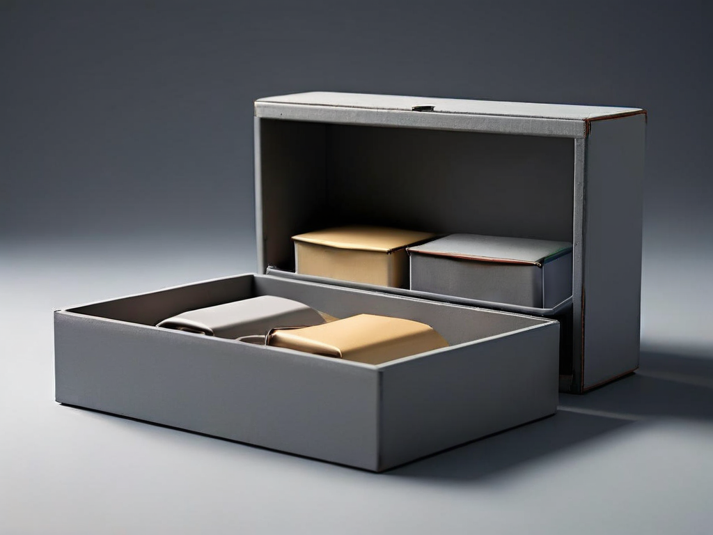 Small archive boxes and blank compartment inserts arranged on a matte gray surface under soft side light, representing practical...