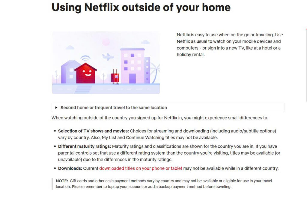 Netflix Help Center explaining how streaming titles, language options, and downloaded content may change when users watch from another country.