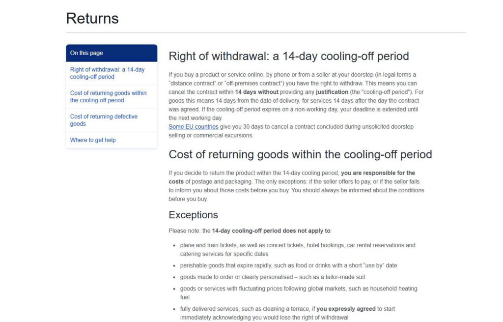 EU consumer rules covering the 14-day withdrawal period and the exception when digital downloading or streaming begins with the customer’s consent.