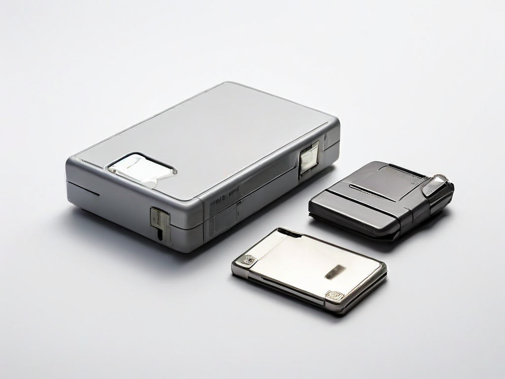 Three archive storage items on a gray surface: a memory card, a sealed external drive, and a blank photo sleeve, representing a...