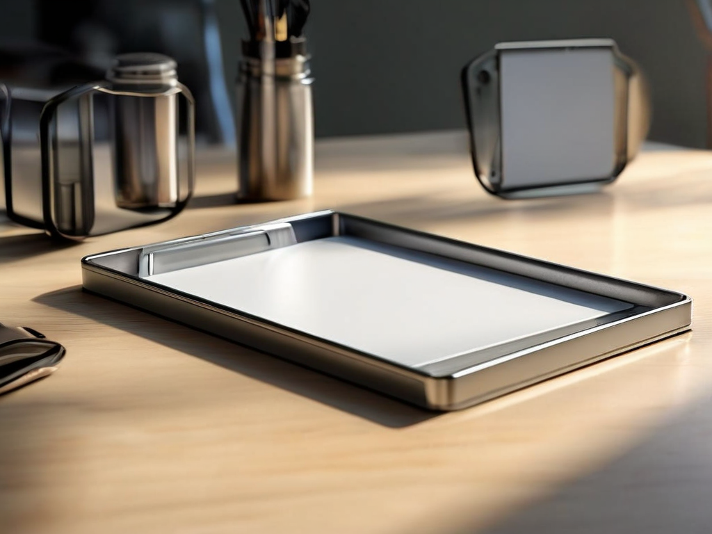 A brushed metal tray with blank divider cards, organized and lit by angled morning daylight, shallow depth of field.