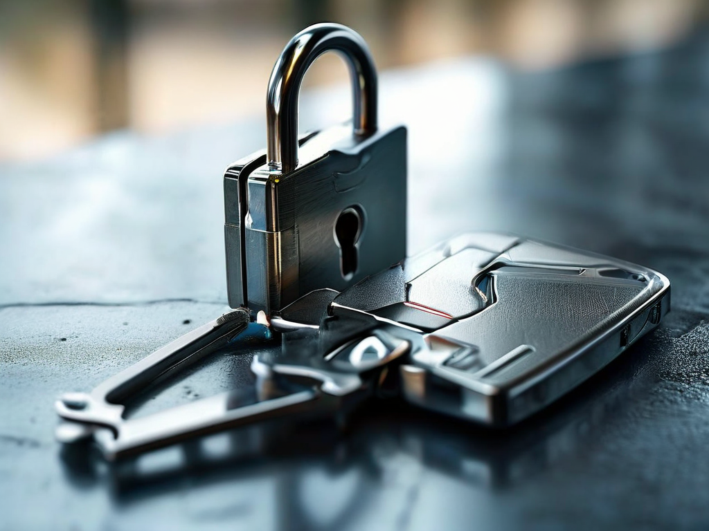 Metal lock, key case, and blank security card on brushed metal surface for privacy preparation before changing display name.