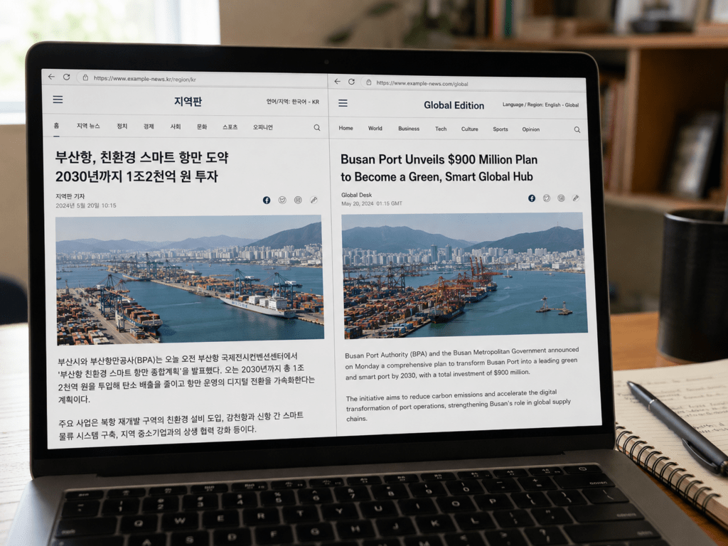 Laptop displaying Korean regional and English global editions of the same Busan Port story side by side, illustrating differences in headlines, framing, and local detail.
