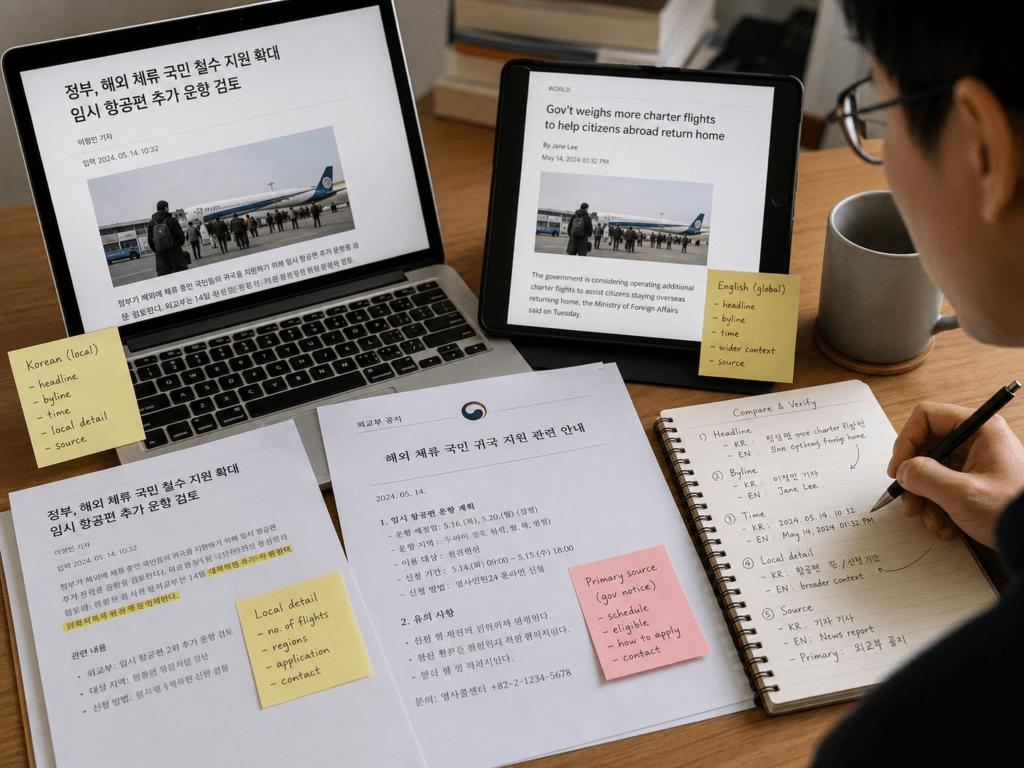 Researcher comparing Korean and English news reports with an official government notice, checking publication times, bylines, local details, and original sources.