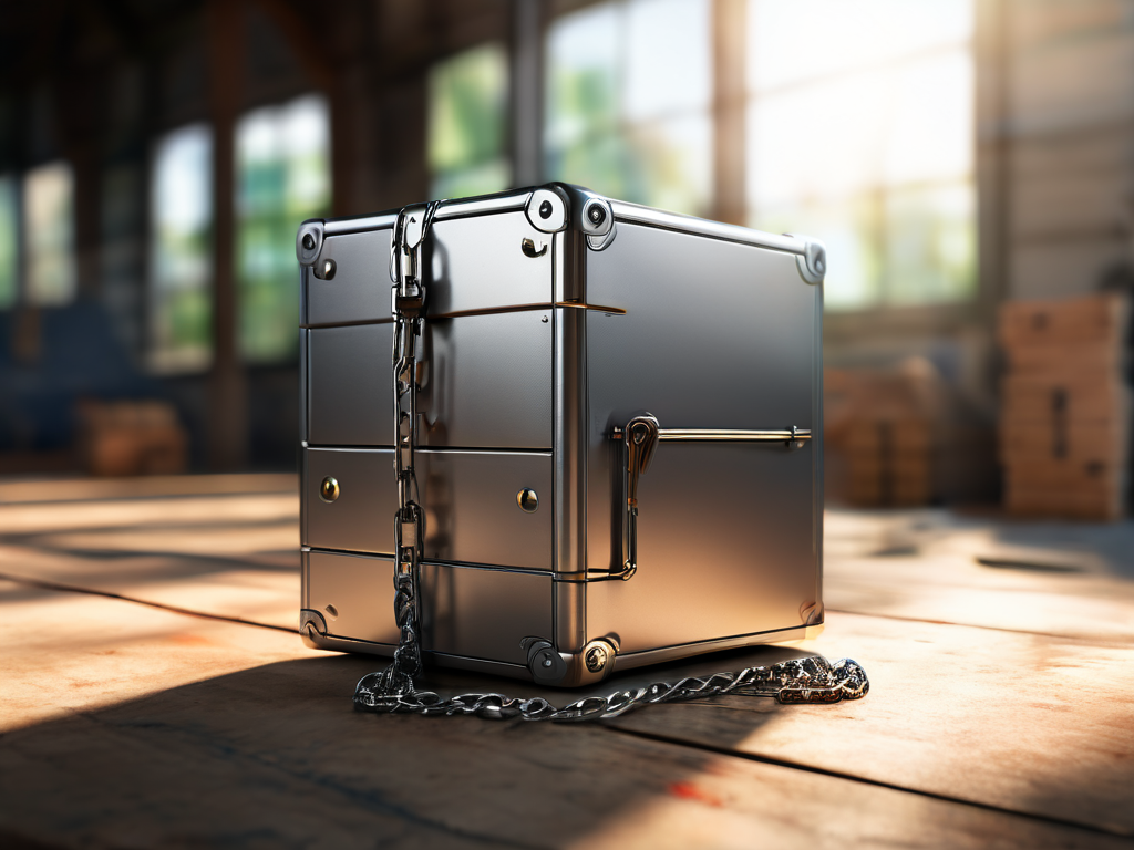 Sealed metal storage case with short chain and small blocks on brushed metal surface, morning light, shallow depth of field.