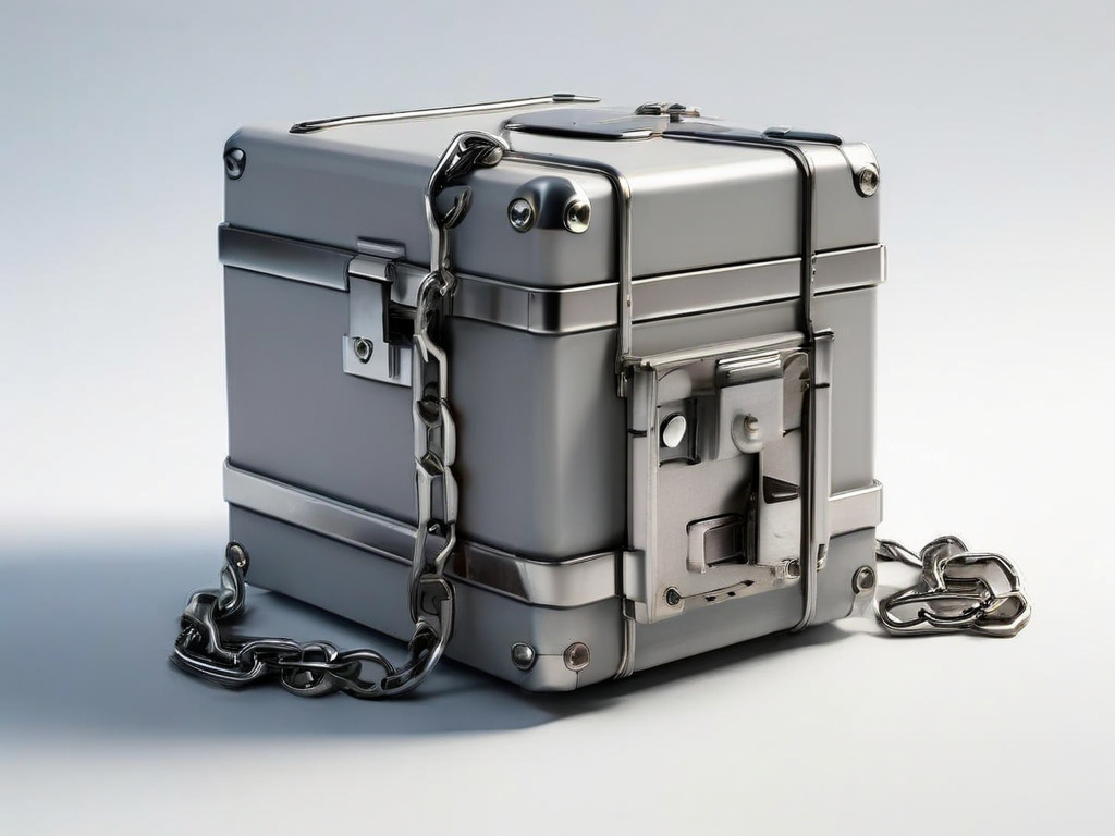 Sealed metal storage case on a matte gray surface with a short chain and three small blocks symbolizing connected file locations...