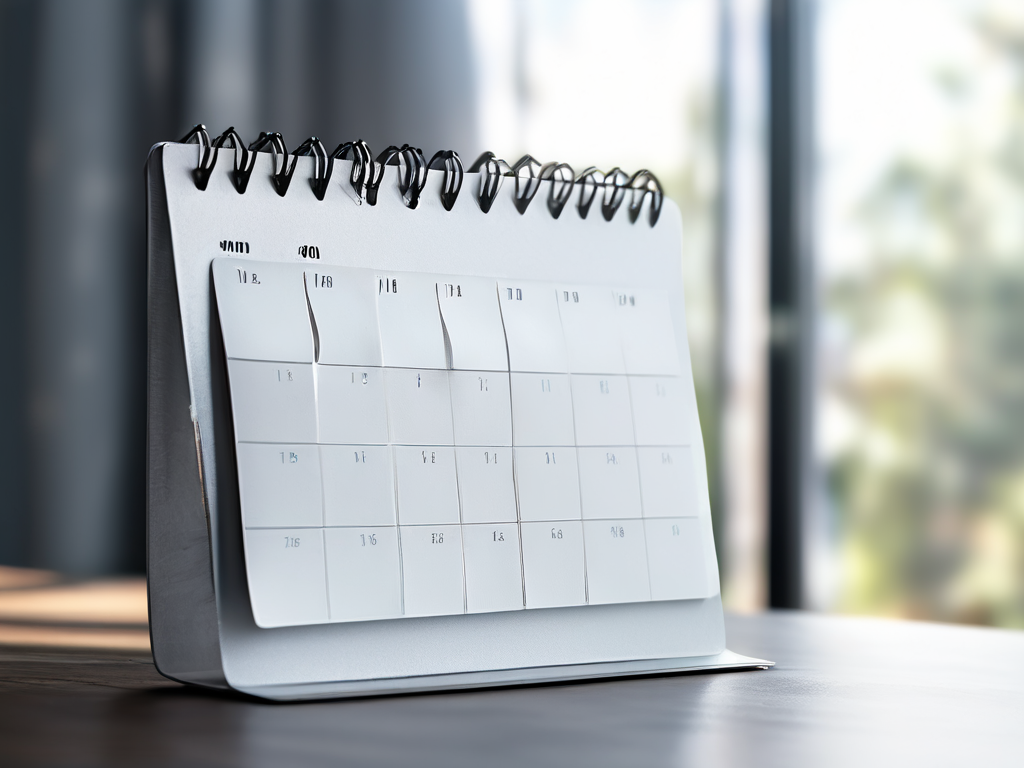 Blank monthly calendar cards with note slots and paid/pending markers on a brushed metal surface in morning light.